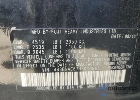 2017 Subaru Legacy 2.5I Premium z USA, uszkodzony, nr VIN 4S3BNAC67H3019865